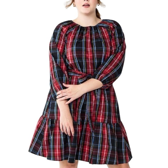 Draper James RSVP 3/4 Sleeve Tiered Bow Back Dress Red Black Plaid XXL Holiday - Picture 1 of 10